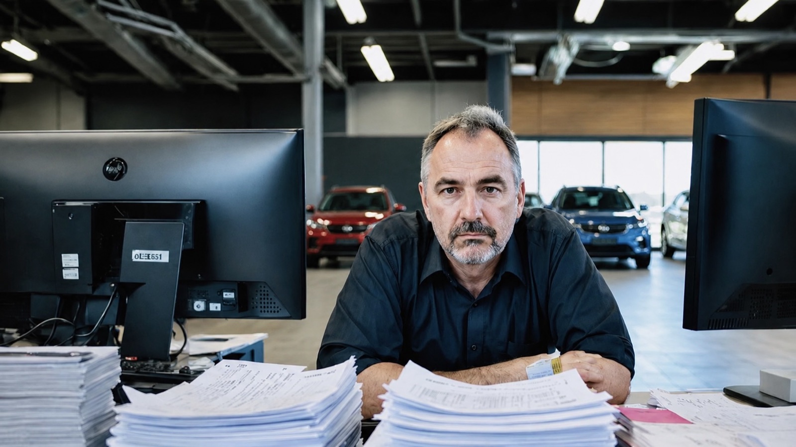 Dealership fixed operations manager at a desk stacked with repair orders