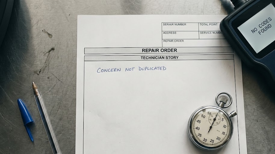 Repair order and stopwatch showing unpaid warranty diagnostic time