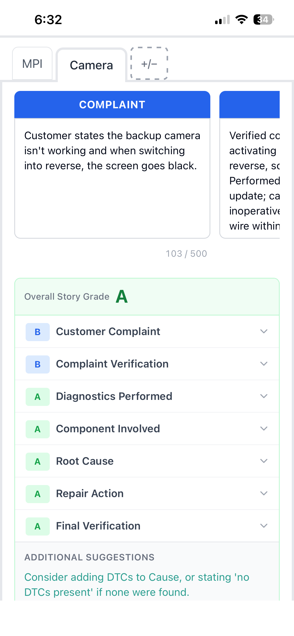 RO.bot report card showing story grade and criteria scores