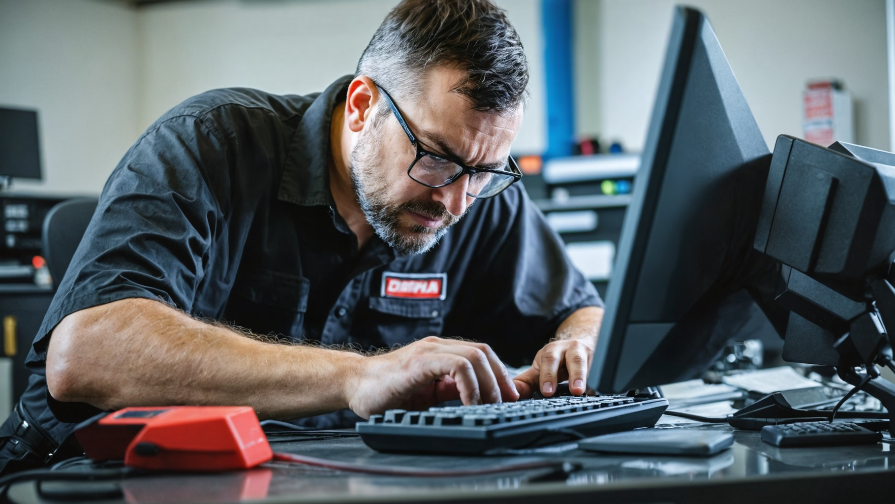 Technician typing at a computer instead of turning wrenches