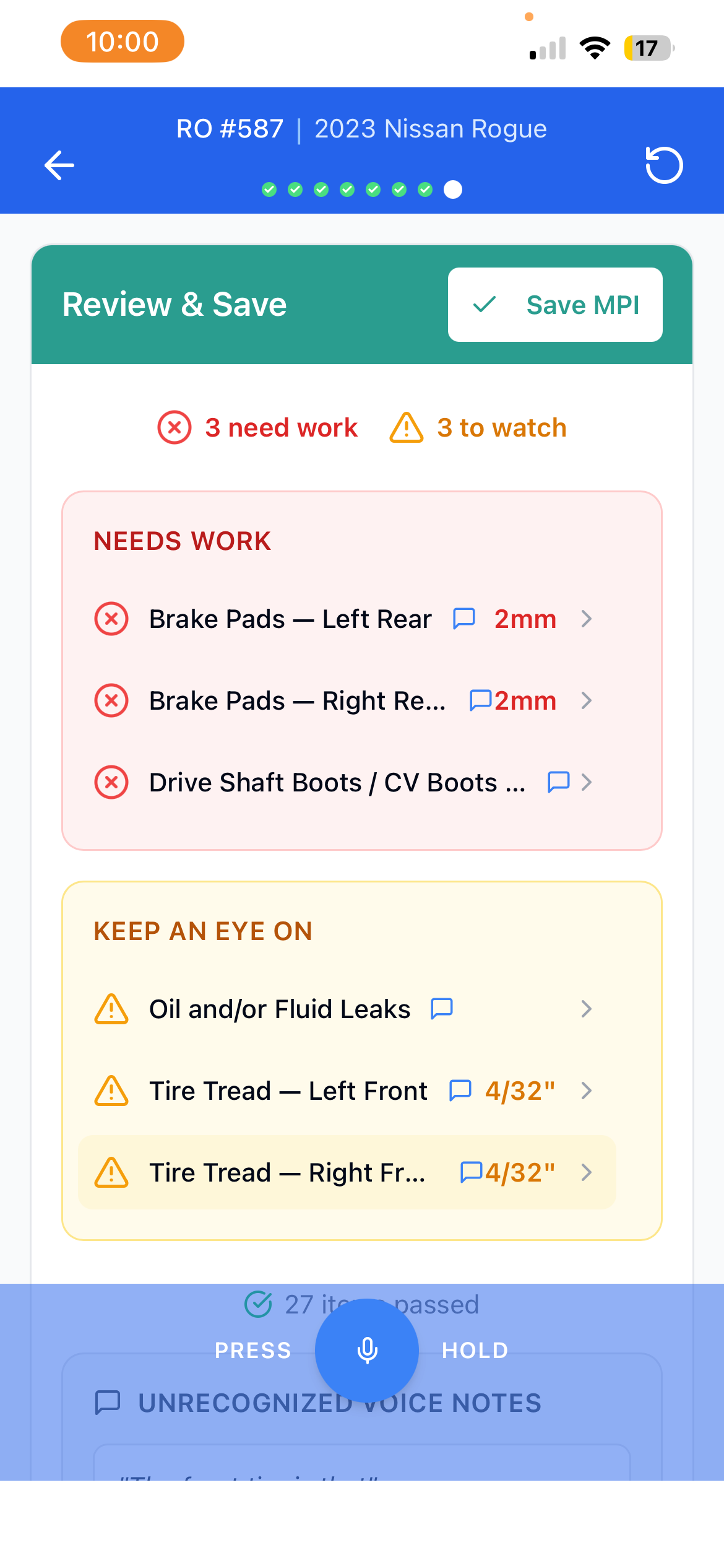 RO.bot MPI summary showing findings and voice notes