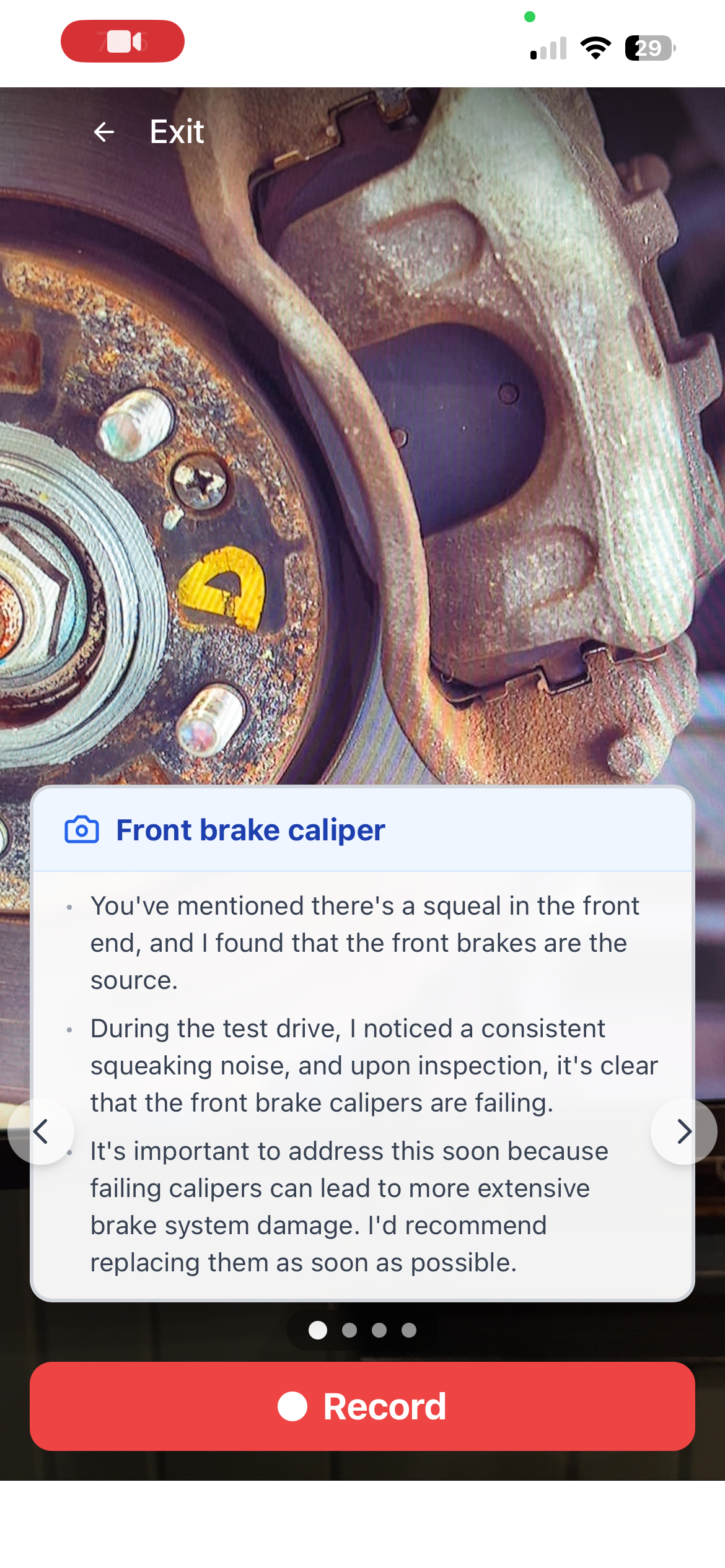 RO.bot recording view with teleprompter prompts for brake caliper inspection