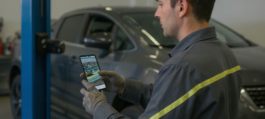 Technician holding phone to record a video inspection in a service bay