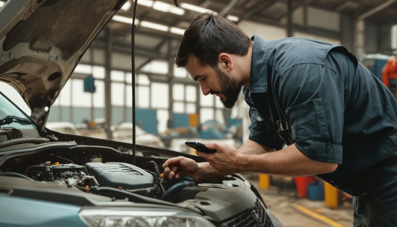 Technician leaning over an engine with phone in hand