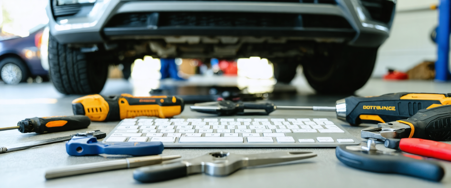 Tools and a keyboard side by side on a shop floor