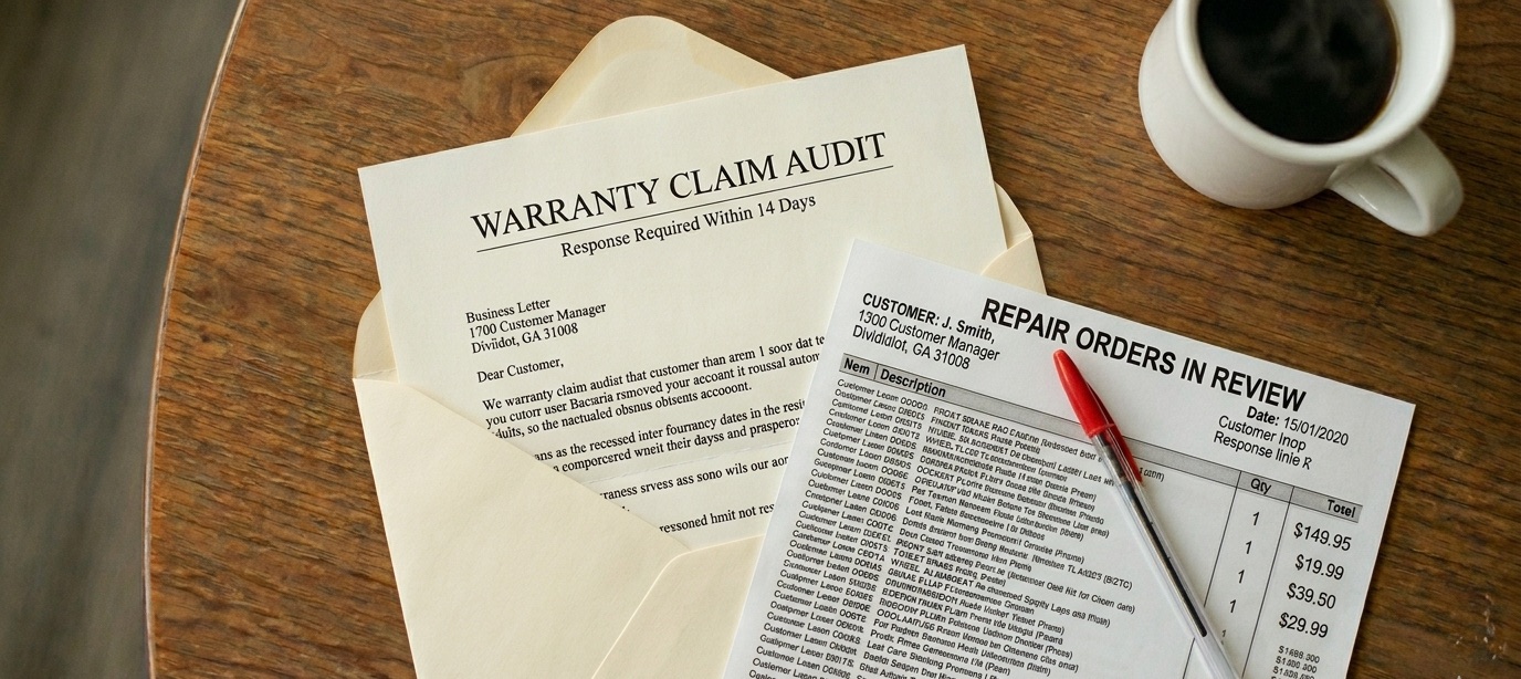 Warranty audit letter on a desk next to a long repair order list