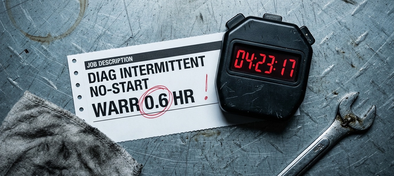 Shop stopwatch reading 04:23:17 next to a warranty repair order ticket marked 0.6 hours