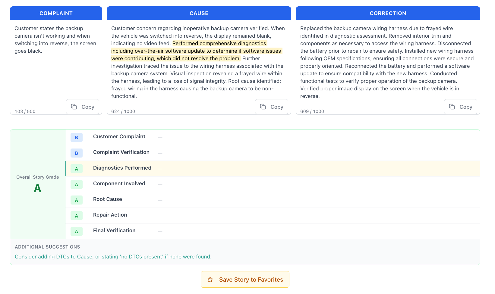 RO.bot story grading report card showing warranty-specific criteria scores